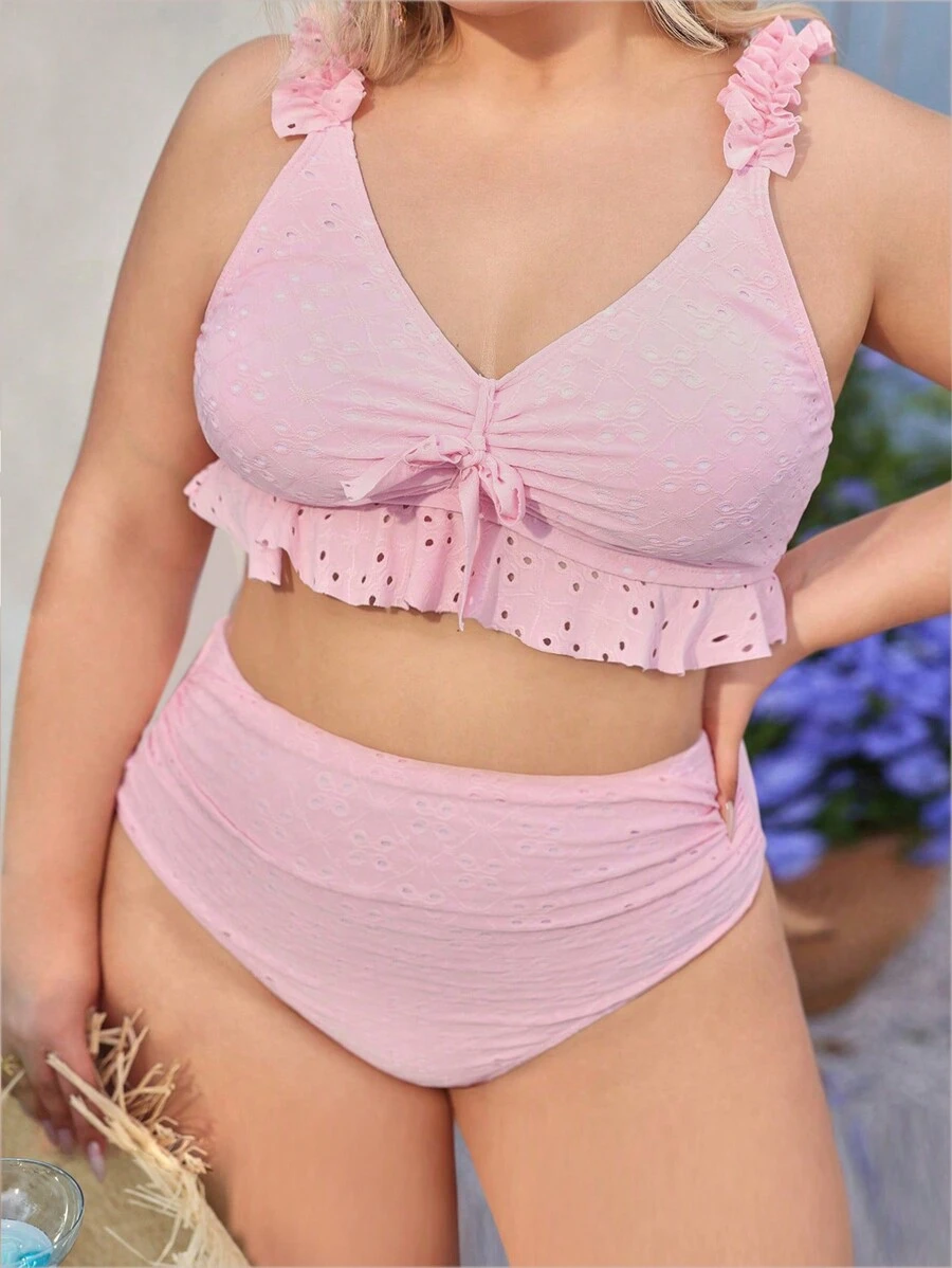 Swim Mod Plus Size Swimwear Set With Front Tie Strap And Ruffle, Special Fabric, Cute And Sweet For Girls Summer