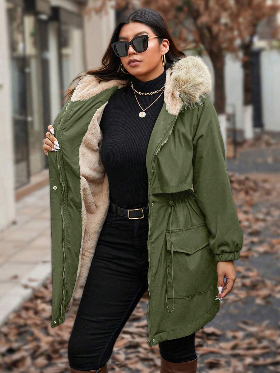 Calvaya Plus Size Women Casual Patchwork Fluffy Hooded Cinched Waist Long Padded Parka Padded Coat, Autumn/Winter