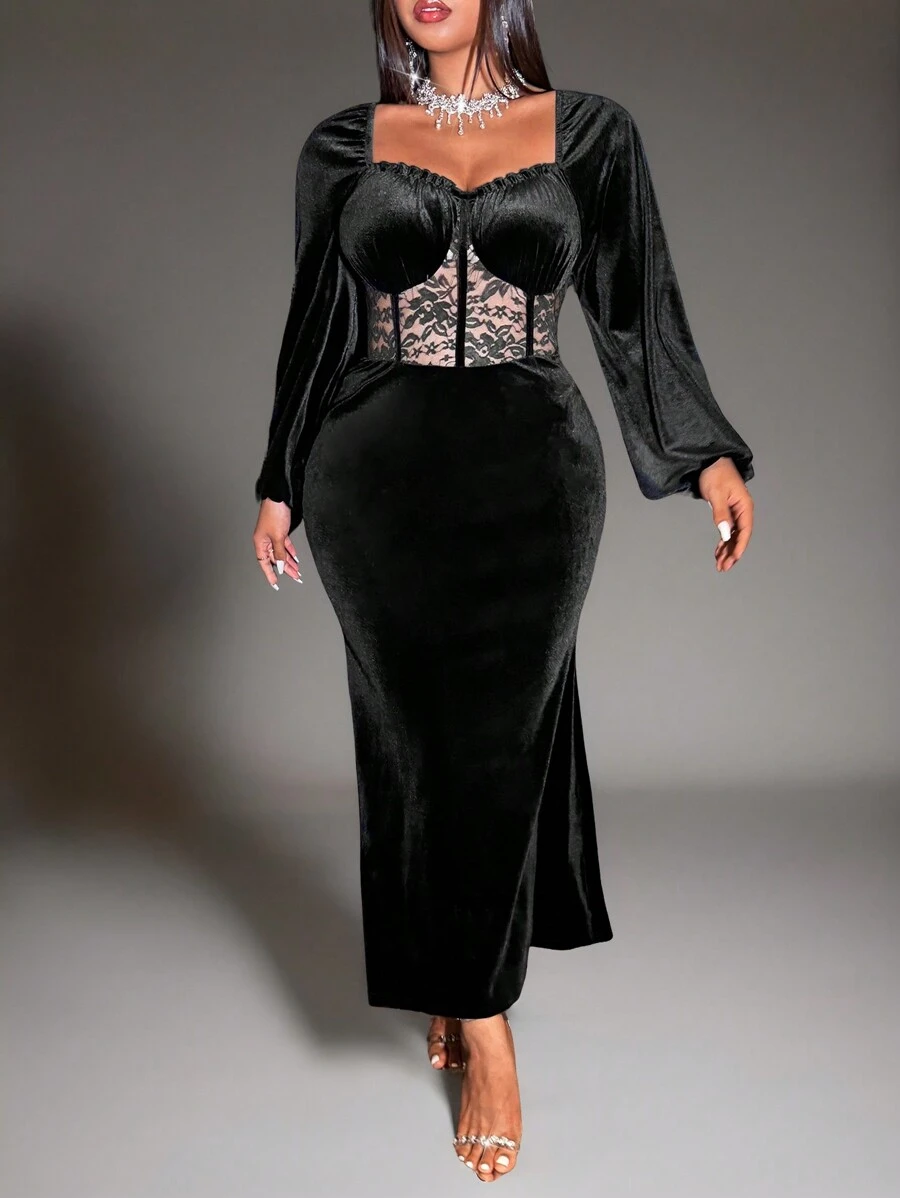 Allurite Robe midi élégante à manches longues style français en velours de couleur unie avec taille de sirène amincissante en contraste de dentelle, style Top de gamme chic pour femmes