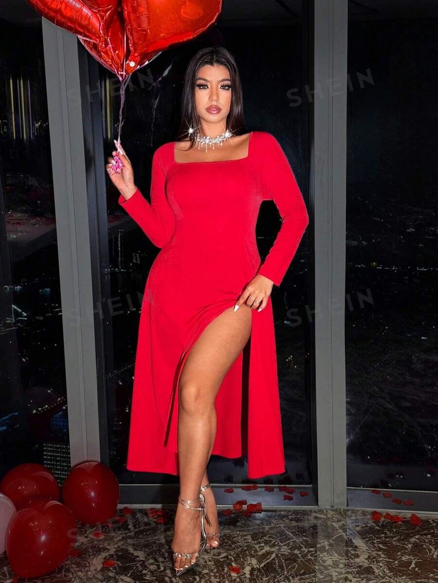 Allurite Vestido elegante retro y romántico de cuello cuadrado rojo, de talla grande, con mangas largas acampanadas y abertura lateral, adecuado para Navidad, San Valentín, vacaciones, fiestas, cumpleaños