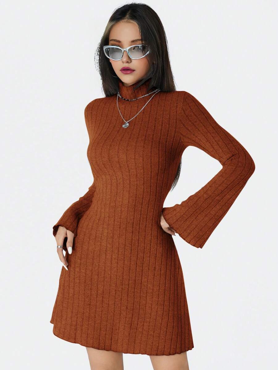 Vestido casual estilo Y2K para meninas adolescentes (feminino) de malha com gola alta e manga larga, pulôver, volta às aulas, outono/inverno 2024