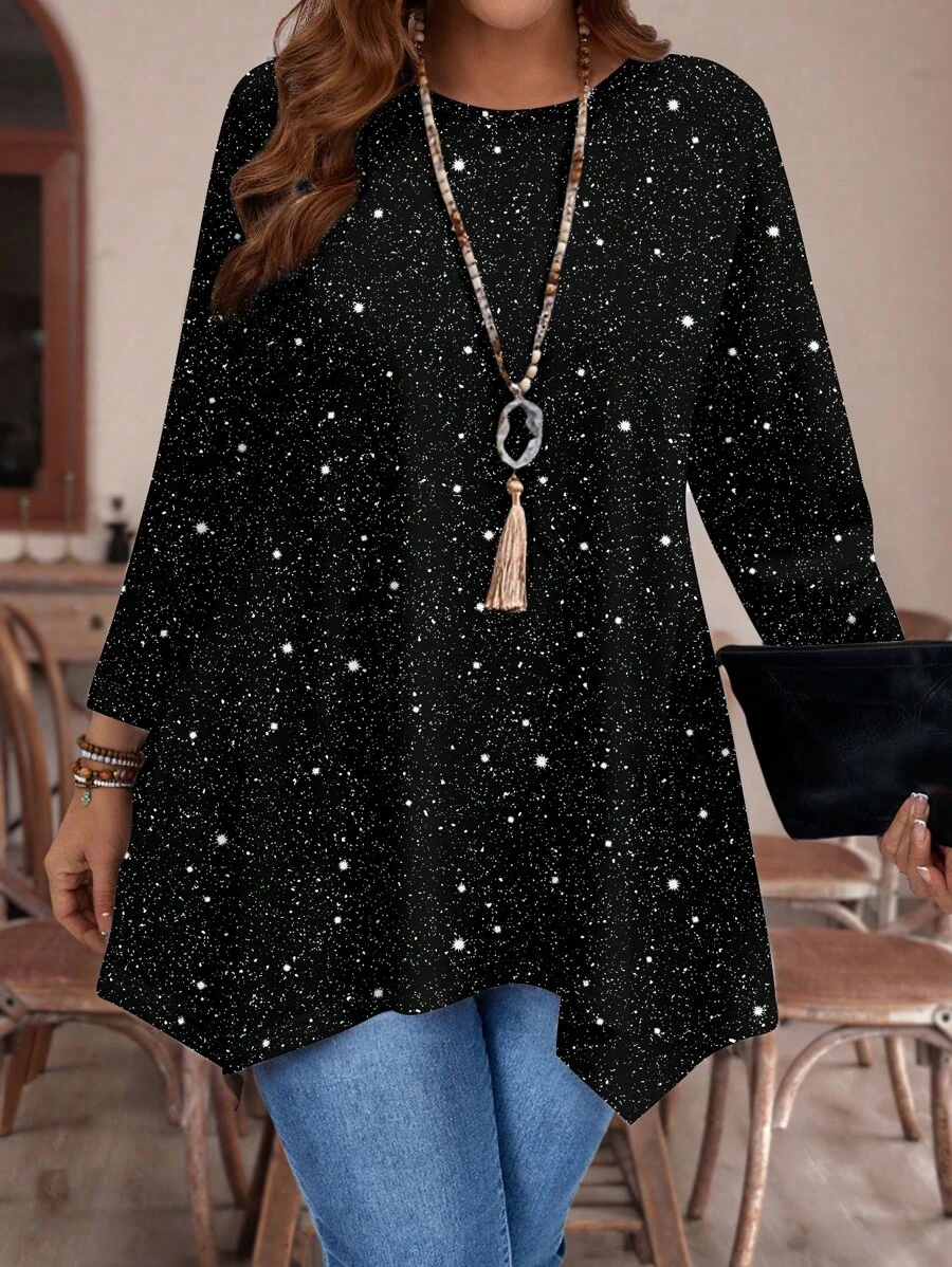 EMERY ROSE Plus Size Women Casual Asymmetrical Hem Round Neck Loose 3/4 Sleeve T-Shirt, Autumn/Winter