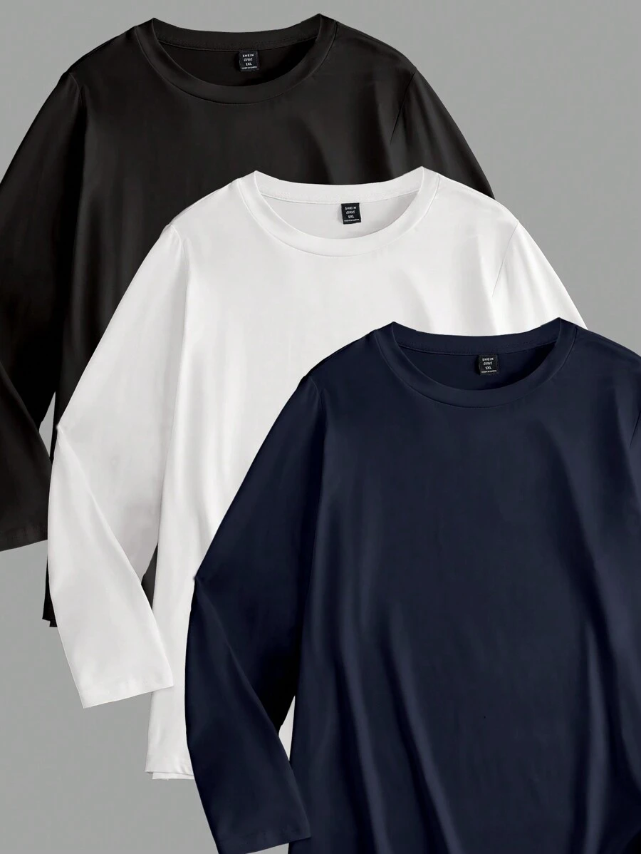 SHEIN LUNE Camiseta de manga larga de cuello redondo de unicolor básica para tallas grandes para atuendo primaveral