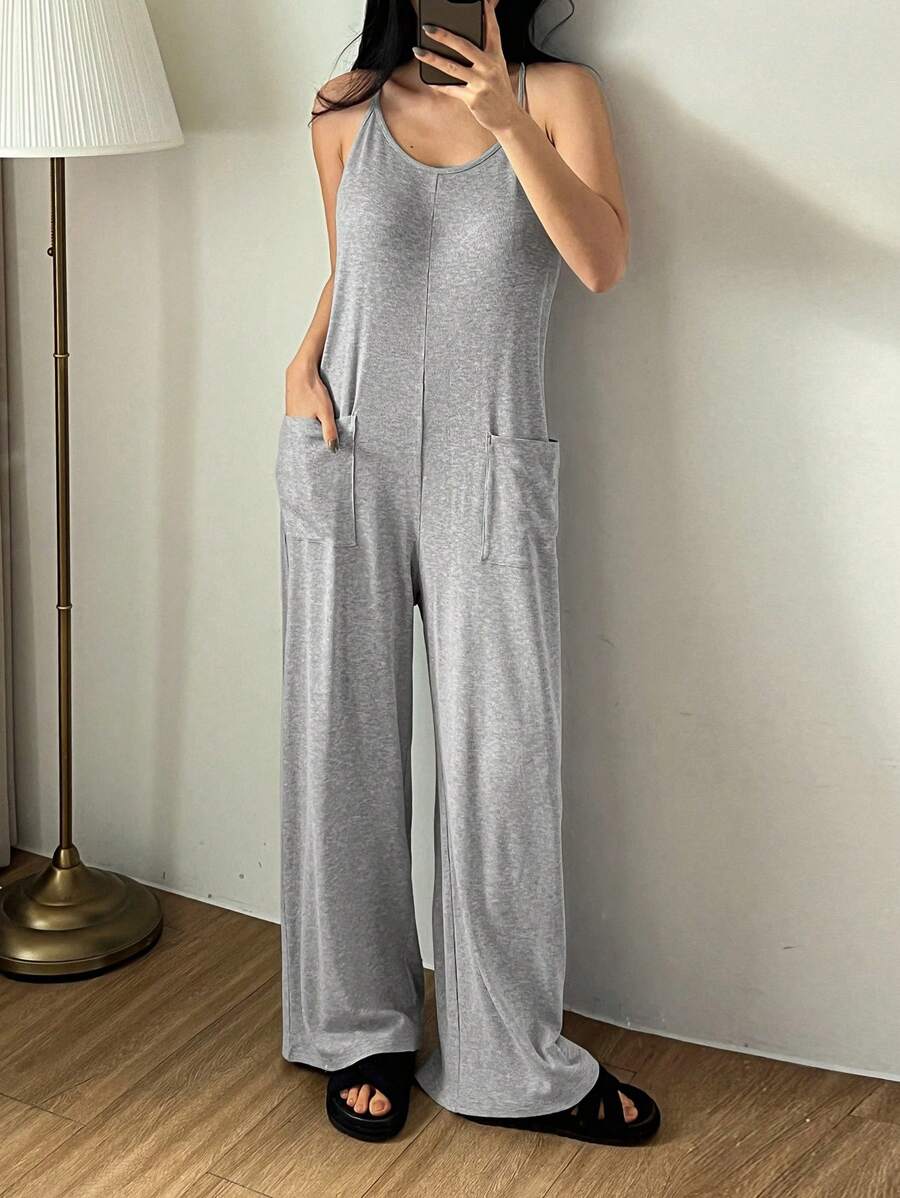 DAZY Mono de punto acanalado de pernera ancha, cómodo ropa de estar en casa