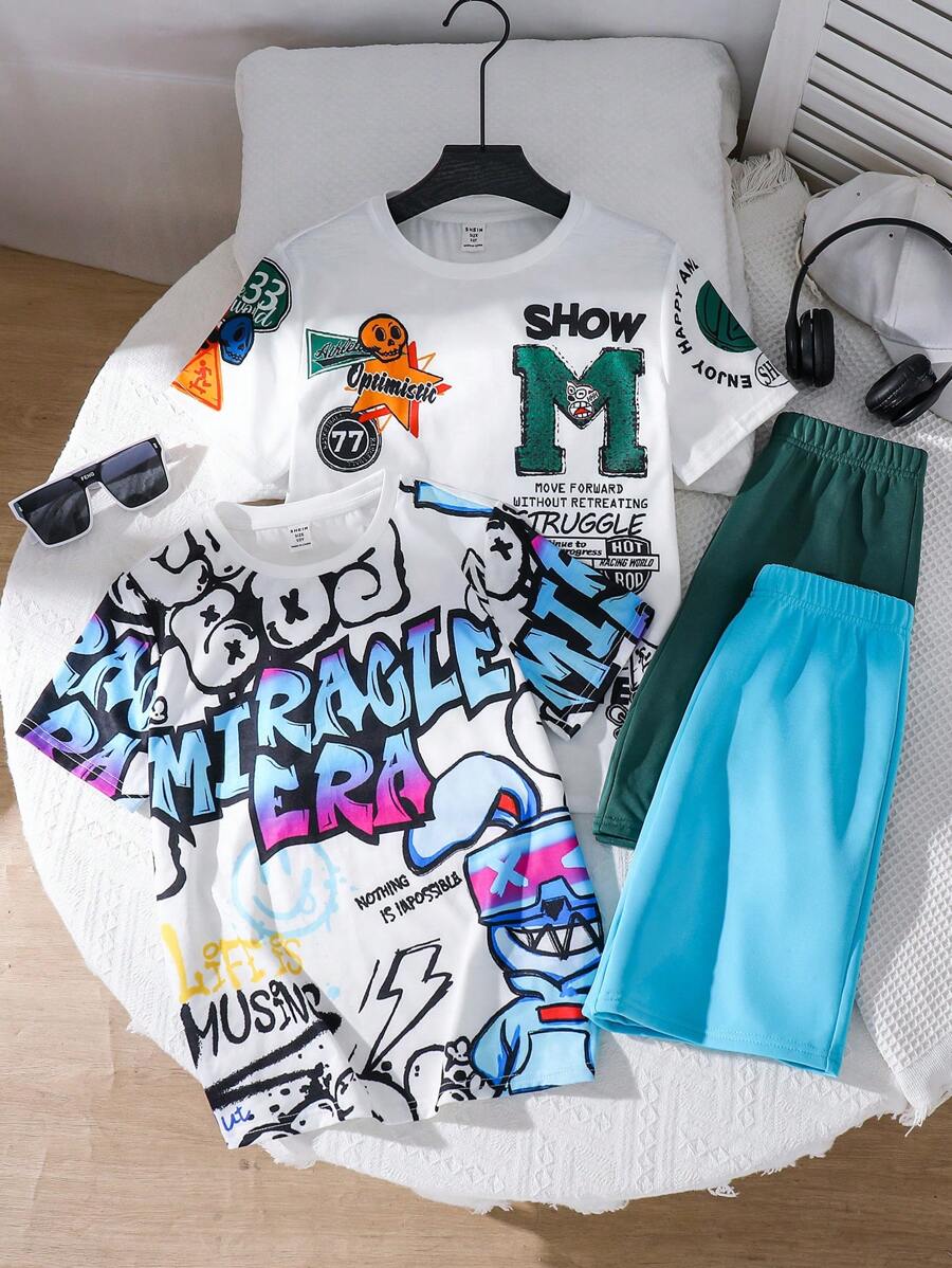 Achetez-en 2, obtenez-en 2 gratuitement, 4 pièces/set. Style de rue décontracté pour pré-adolescents, T-shirts à manches courtes avec lettres et graphiques graffitis sur fond de couleur unie, et shorts à taille élastique assortis. Convient pour les activités en extérieur, l'école, les sorties, les fêtes et les loisirs, au printemps, en été et en automne.