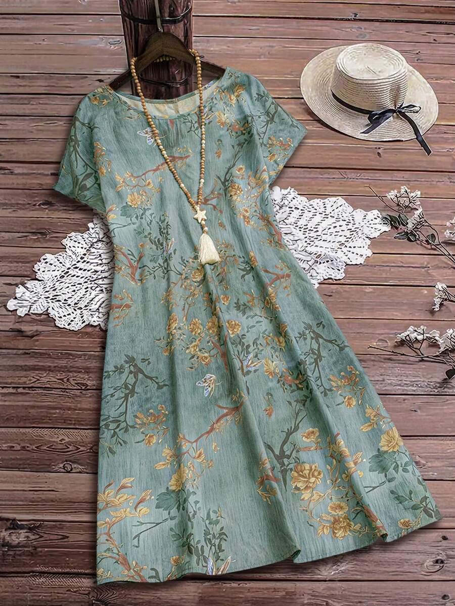 Rusticease Vestido casual holgado con cuello redondo y manga corta, estampado, para uso diario, tallas grandes, para el verano