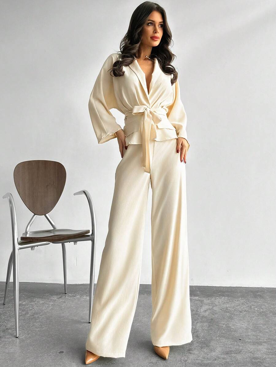 Firerie New Year 2pcs Women Solid Color Shawl Collar Long Sleeve Top & Pants Set, Autumn
