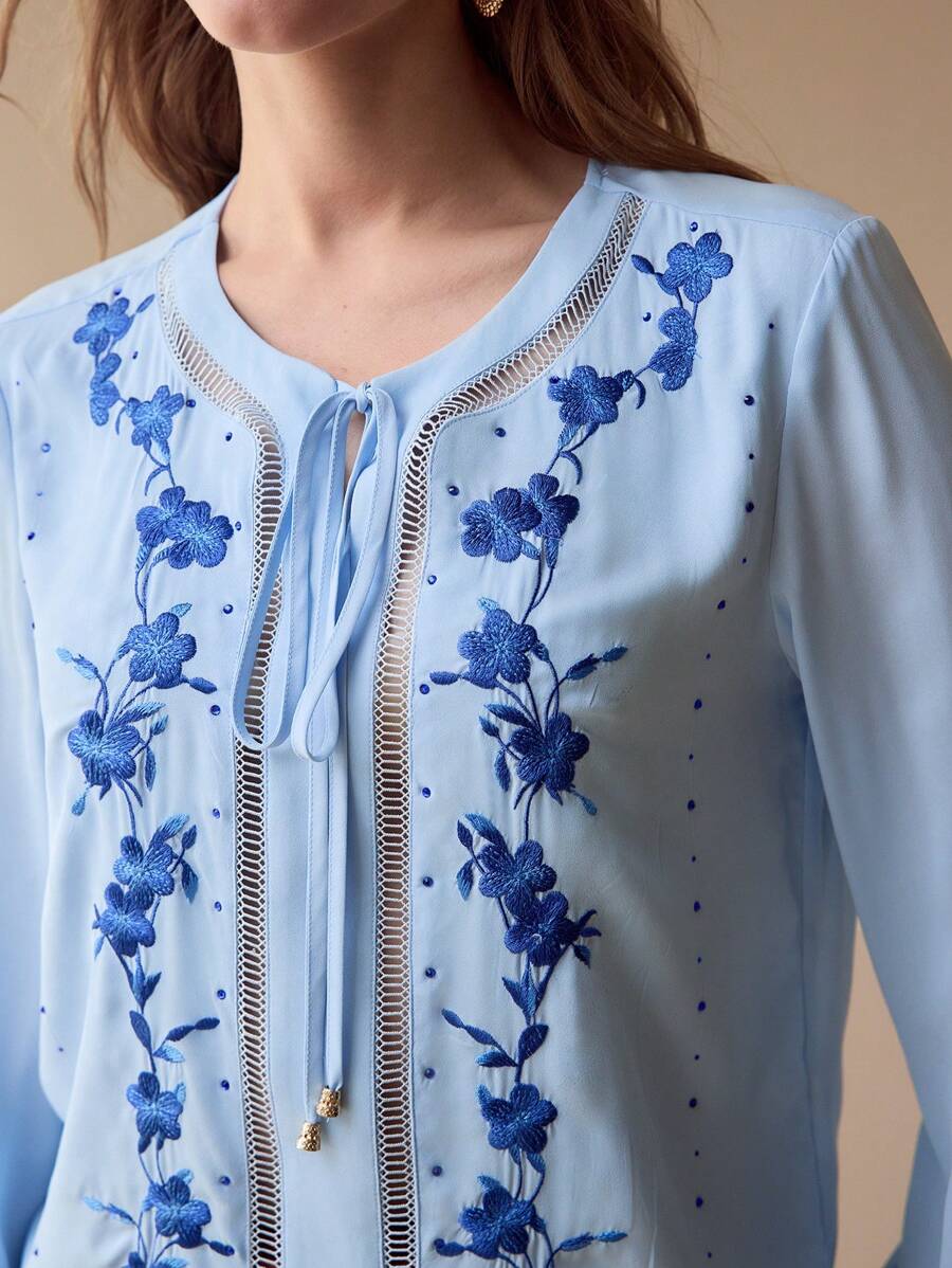 MOTF PREMIUM FLORAL EMBROIDERY TIE NECK BLOUSE,SPRING/SUMMER