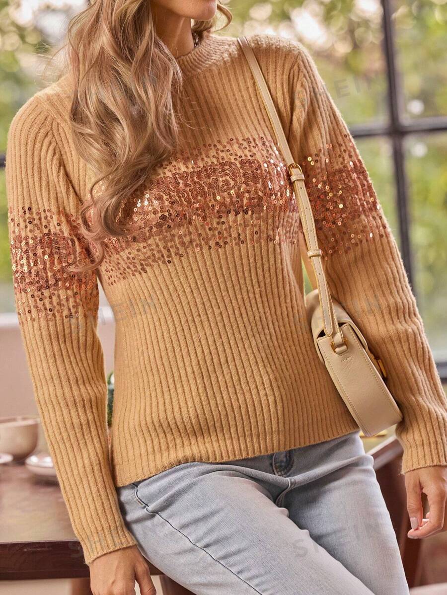 LanaWest Suéter de mujer con cuello redondo y parches de lentejuelas para otoño/invierno