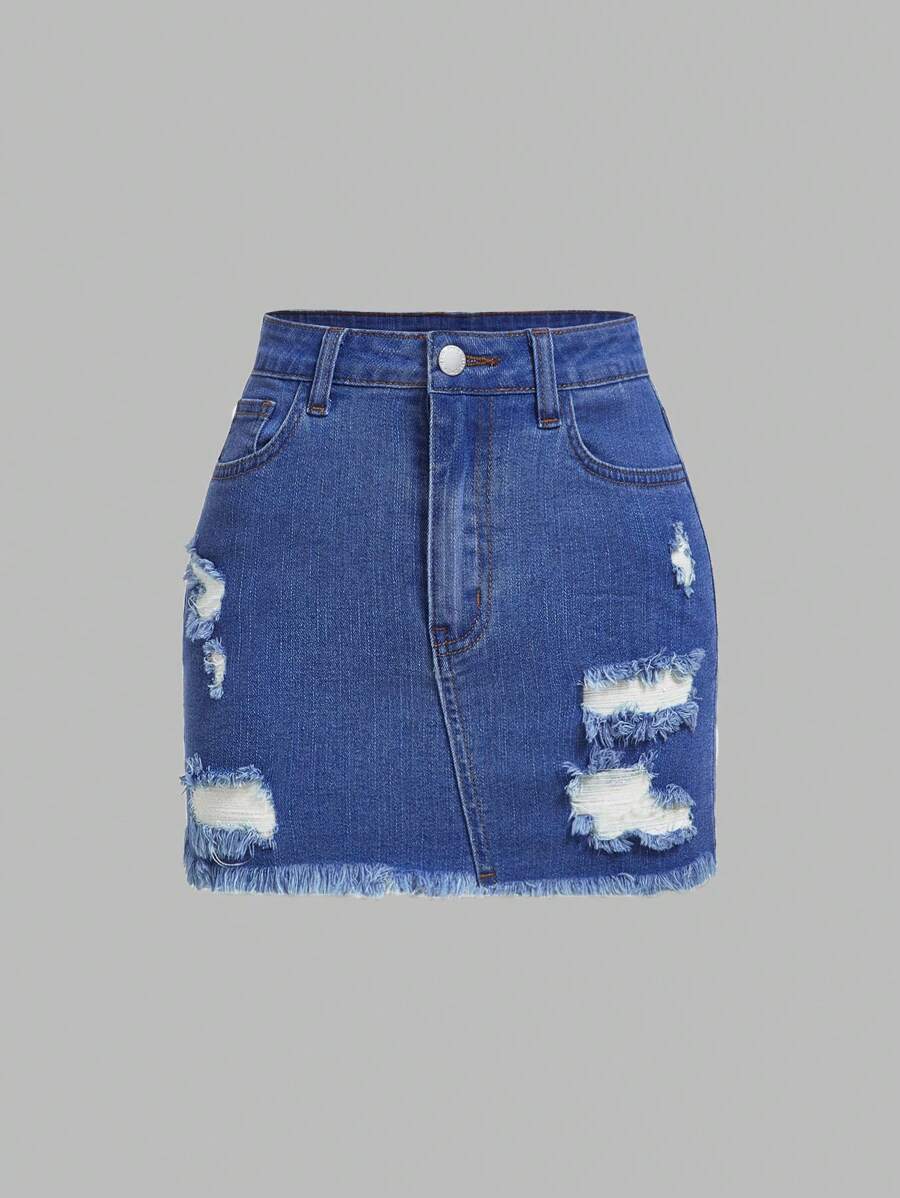 SHEIN EZwear Plus Size Front Button Pocket Distressed Casual Denim Skirt