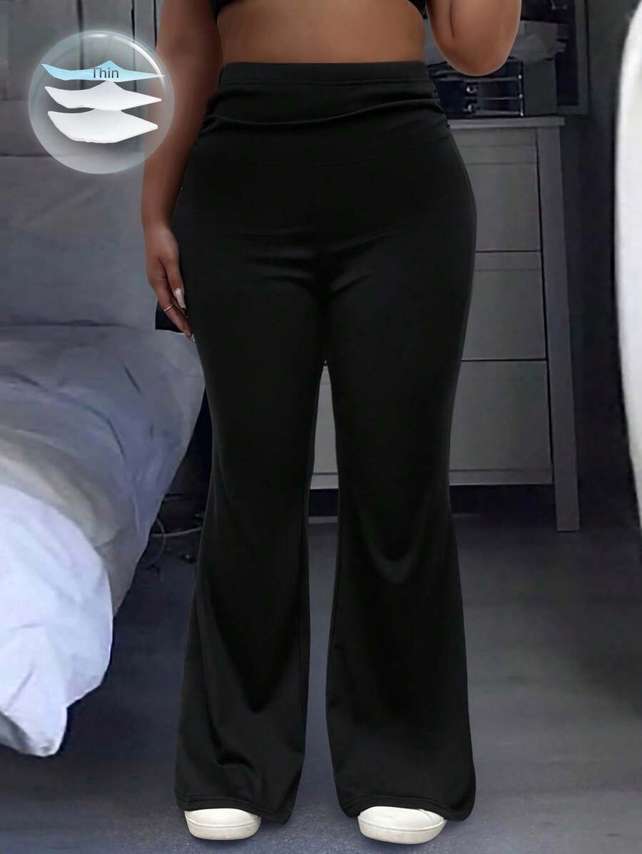 Flirla Women Plus Size High Waist Solid Color Bell-Bottomed Minimalist Trousers