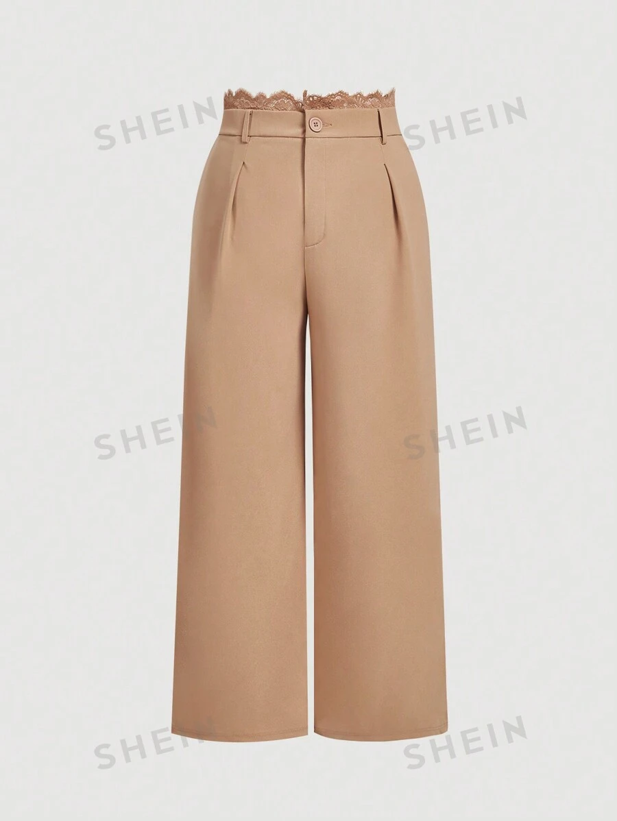 SHEIN MOD Pantalón ancho de cintura alta con patchwork de encaje negro en talla grande