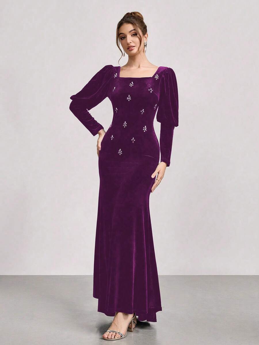 SHEIN Belle Rhinestone Embellished Velvet Long Sleeve Mermaid Dress, New Arrival Stage/Banquet/Party Slimming Gown, Wedding Guest Dress
