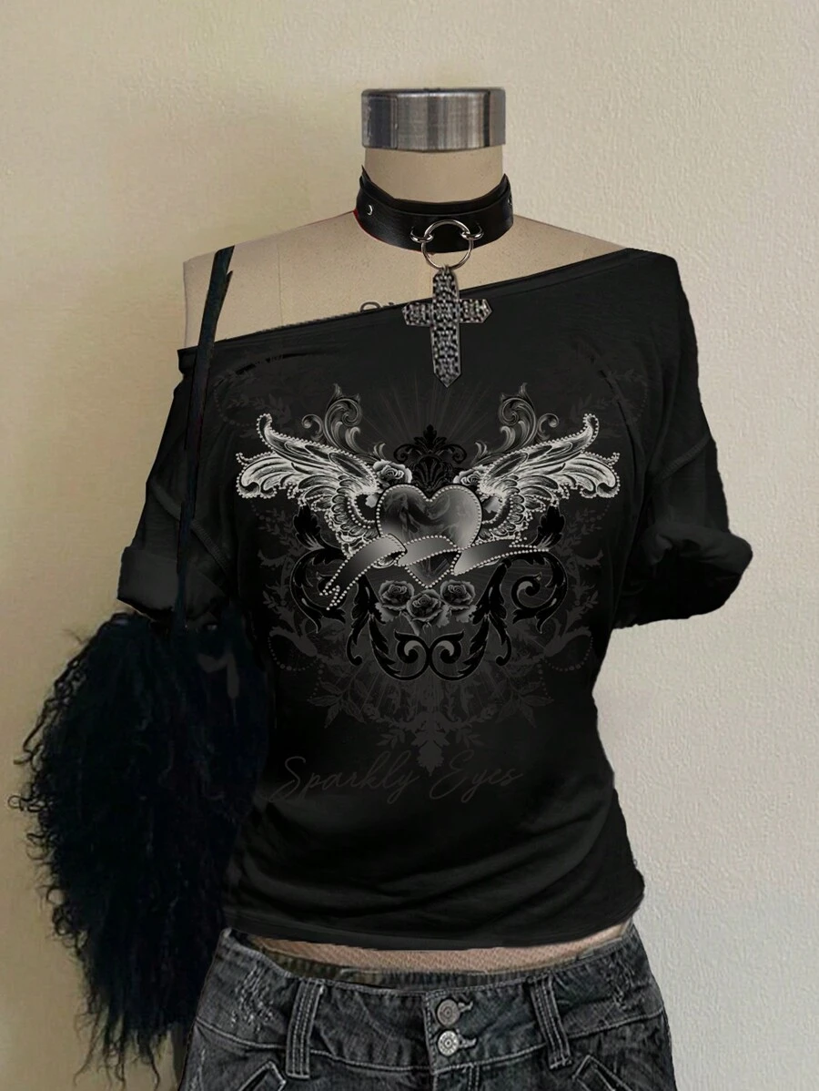 Attitoon Camiseta informal de mujer con diseño de corazón y alas, estilo gótico y punk