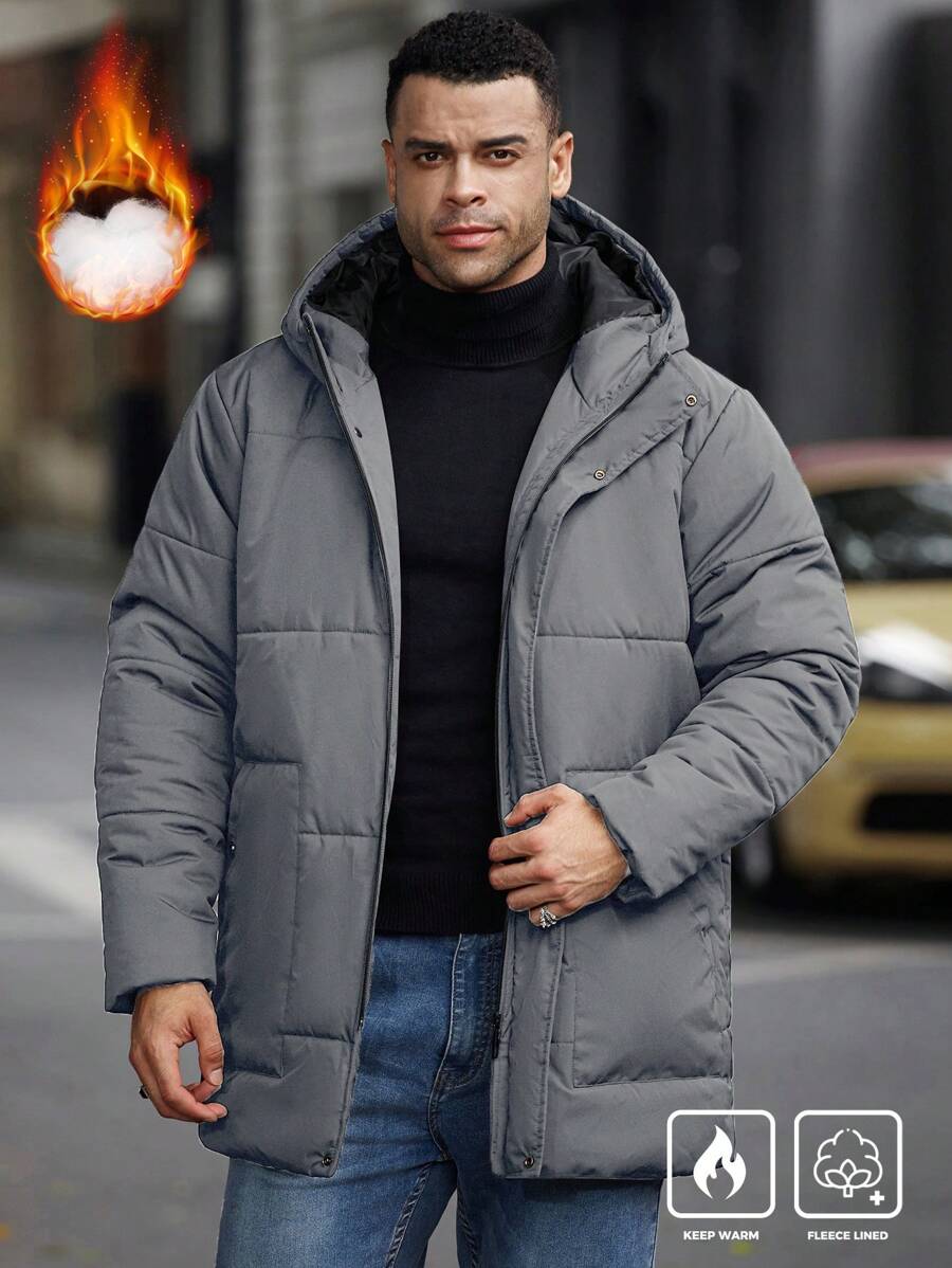Manfinity CasualCool Plus Size Men's Solid Color Zip Closure Hooded Casual Winter Jacket