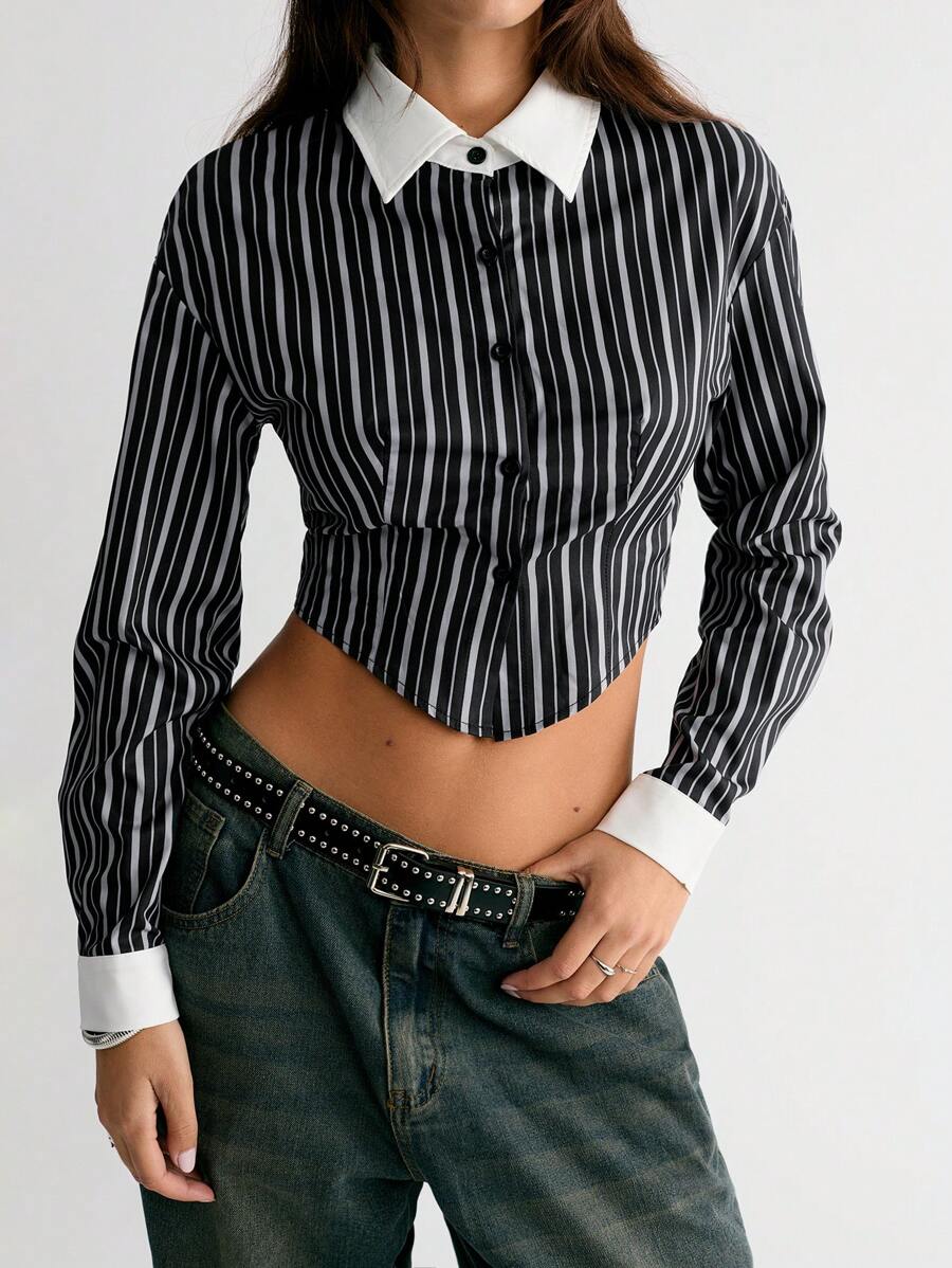 Flirla Vrouwen effen kleur knoop voorkant lange mouw casual blouse voor dagelijks gebruik