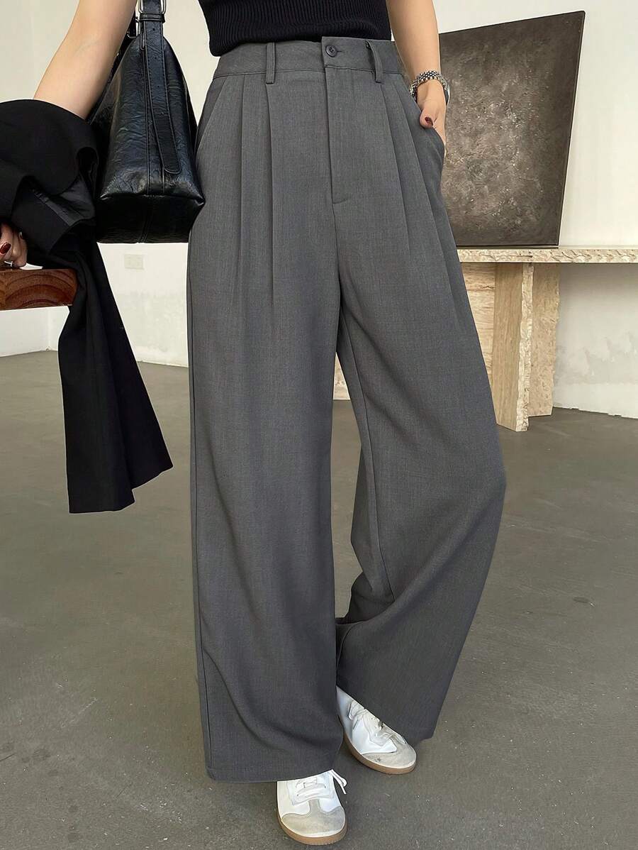 DAZY Women's Solid Color Front Button Pocket Casual Pleated Loose Suit Pants,Women Dress Pants