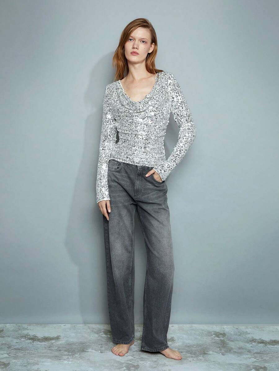 Maija Blouse de fête à col bénitier, manches longues côtelées, à paillettes argentées brillantes pour femme, Saint-Valentin, festival