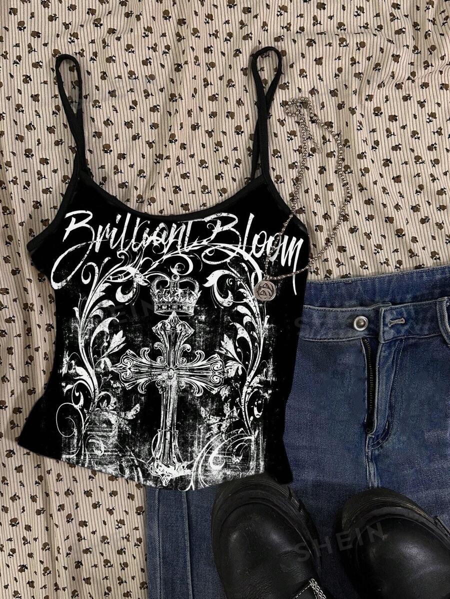 Attitoon Camiseta de tirantes ajustada y sexy con estampado de cruz gótica para mujer