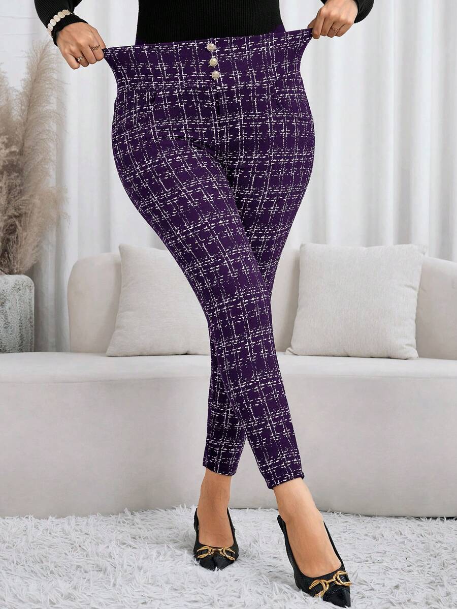 SHEIN Clasi Plus Size Front Button Heart Allover Print Casual Pants, Fashionable For Everyday Wear, For Daily Wear&Valentine's Day Date & Party Pants