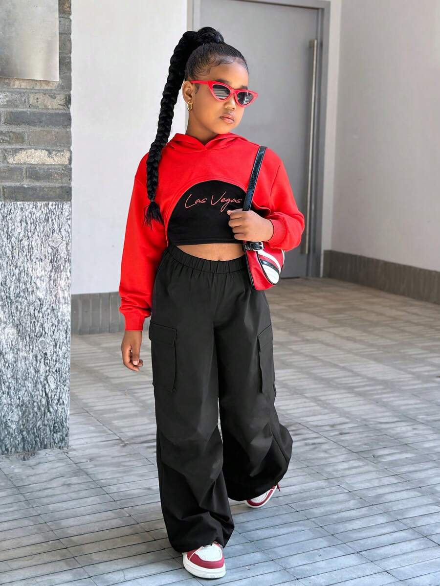 SHEIN Conjunto de 3 piezas para niñas preadolescentes: Sudadera con capucha básica informal de punto, chaleco con tirantes ajustables y pantalones fruncidos