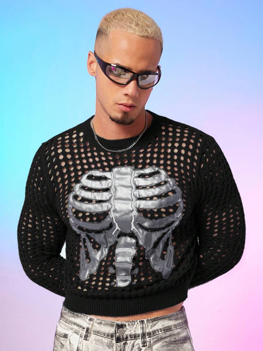 FeverCity Suéter de cuello crew transparente con estampado de esqueleto para hombre