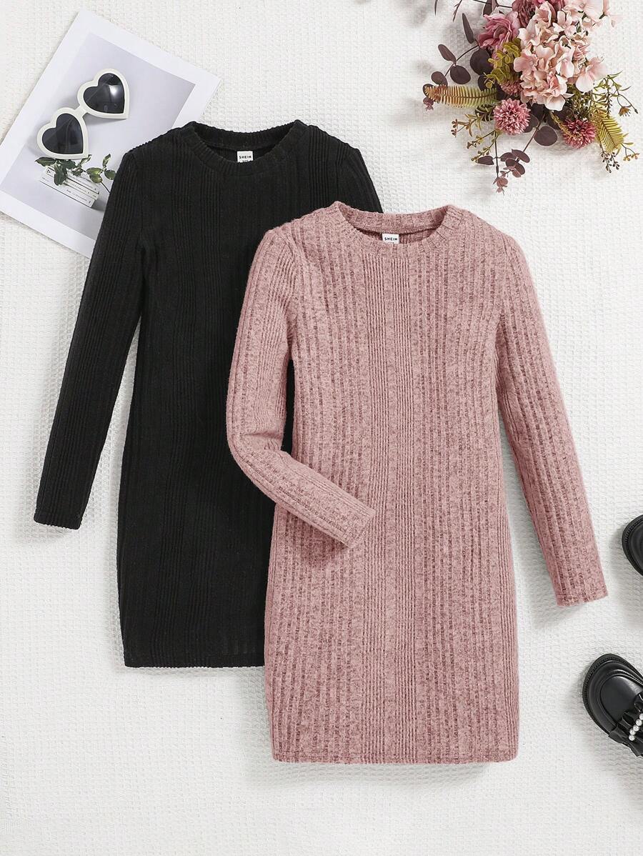 2 Stücke Tween Mädchen Gestrickt Einfarbig Rundhalsausschnitt Tailliertes Casual Langarm Kleid