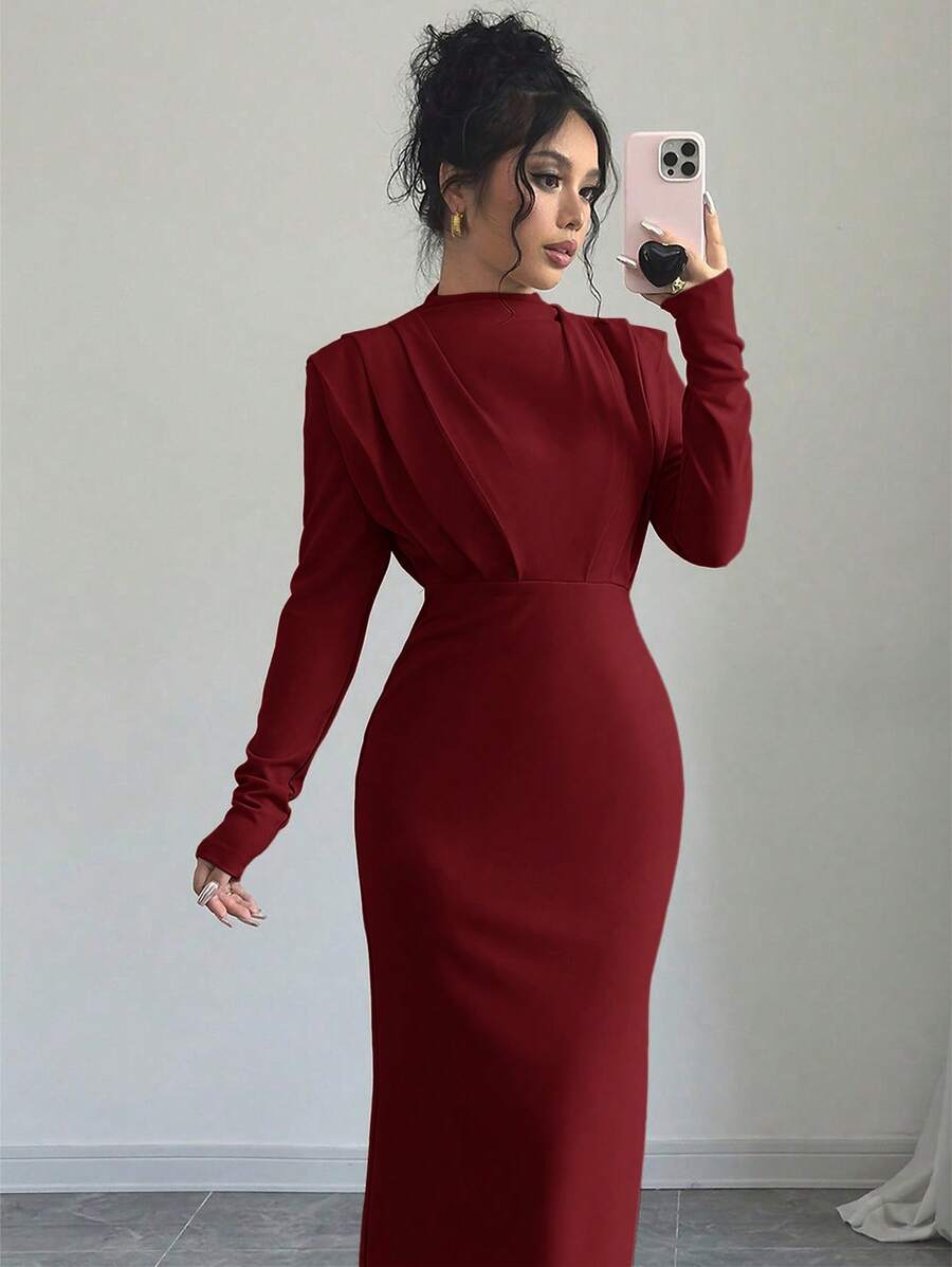 Firerie Women's Gathered Shoulder Pad Long Sleeve Dress