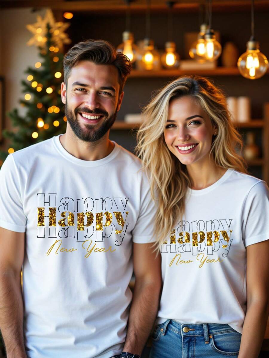 Manfinity Homme Standard Size Men's White Round Neck T-Shirt New Year T-Shirt Suitable For Couple Party