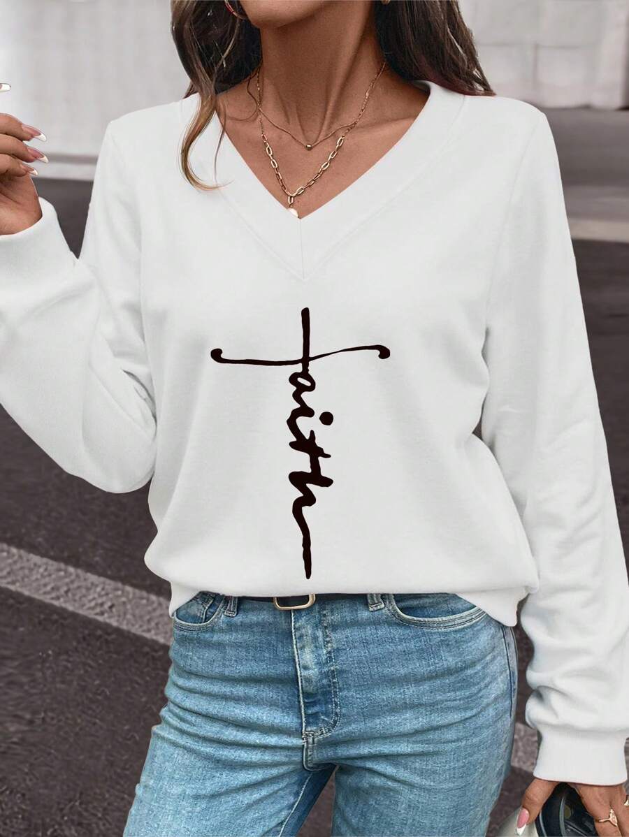 INAWLY Sweat-shirt ample pour femmes blanc, col en V, épaules tombantes, avec slogan anglais et imprimé croix, convient pour le printemps/l'automne