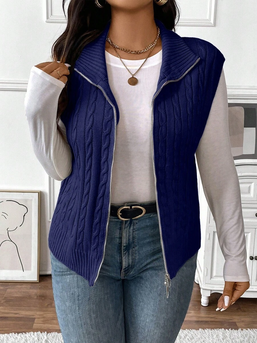Calvaya Plus Size Women Jednokolorowy Dzianinowy Golf Aran School Style Sweter Zapinany Z Przodu Kamizelka Jesień/Zima