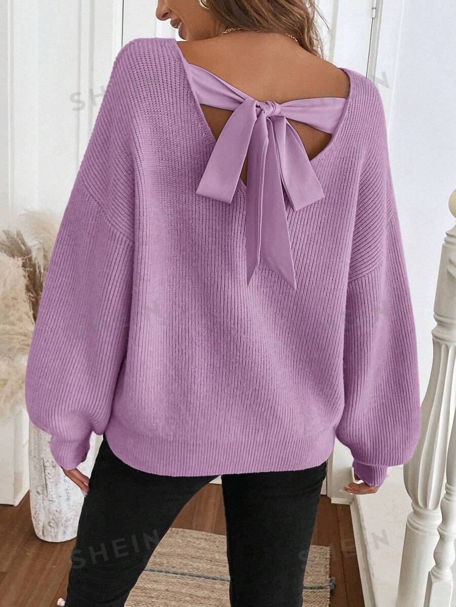SHEIN LUNE Suéter de mujer de cuello redondo, manga larga, con decoración de moño, estilo vintage francés, para otoño/invierno
