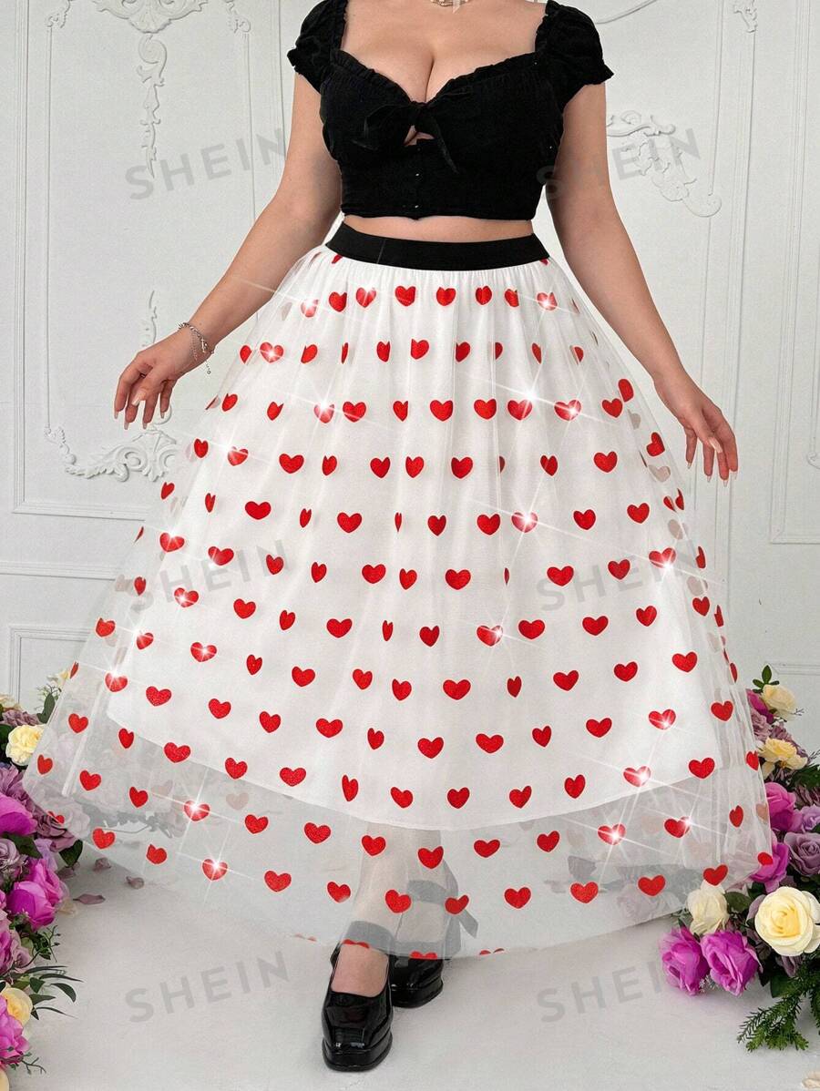 Sunnyshic Falda larga elegante de malla con diseño de corazón para tallas grandes para el Día de San Valentín