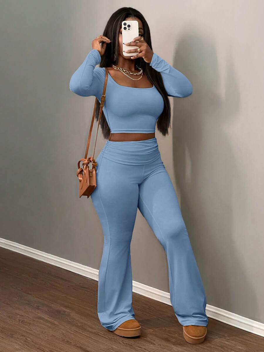 Slaydiva Casual All-Match Solid Color Collared Short Jacket And High Waisted Long Pants Set, Versatile Autumn/Winter