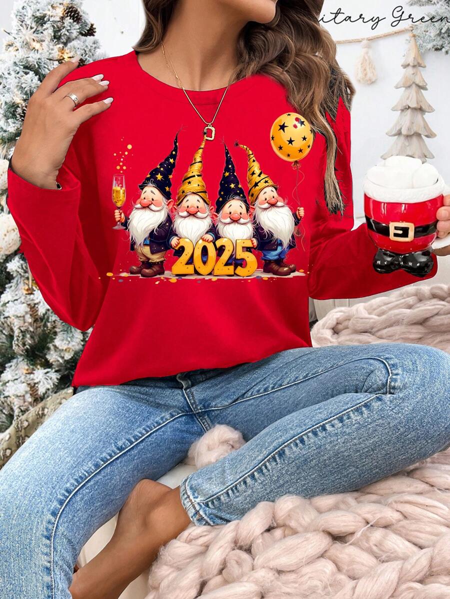 SHEIN LUNE Casual Red "2025 Happy New Year" Pattern Loose Fit Crew Neck Long Sleeve Women T-Shirt, Suitable For Spring And Autumn