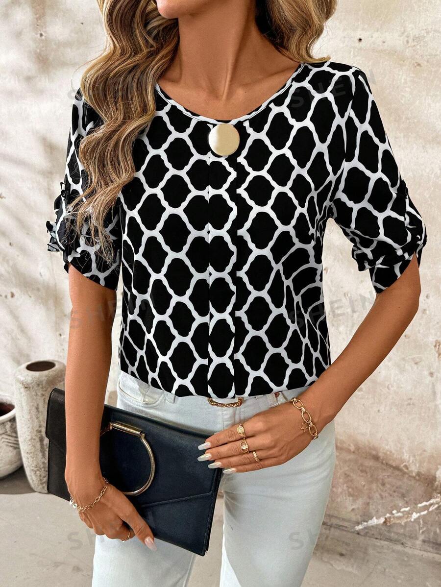 SHEIN Clasi Blusa de manga media con patrón geométrico para mujer