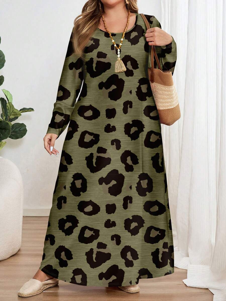 EMERY ROSE Plus Size Leopard Print Long Sleeve Maxi Dress: Casual Loose Fit For Women