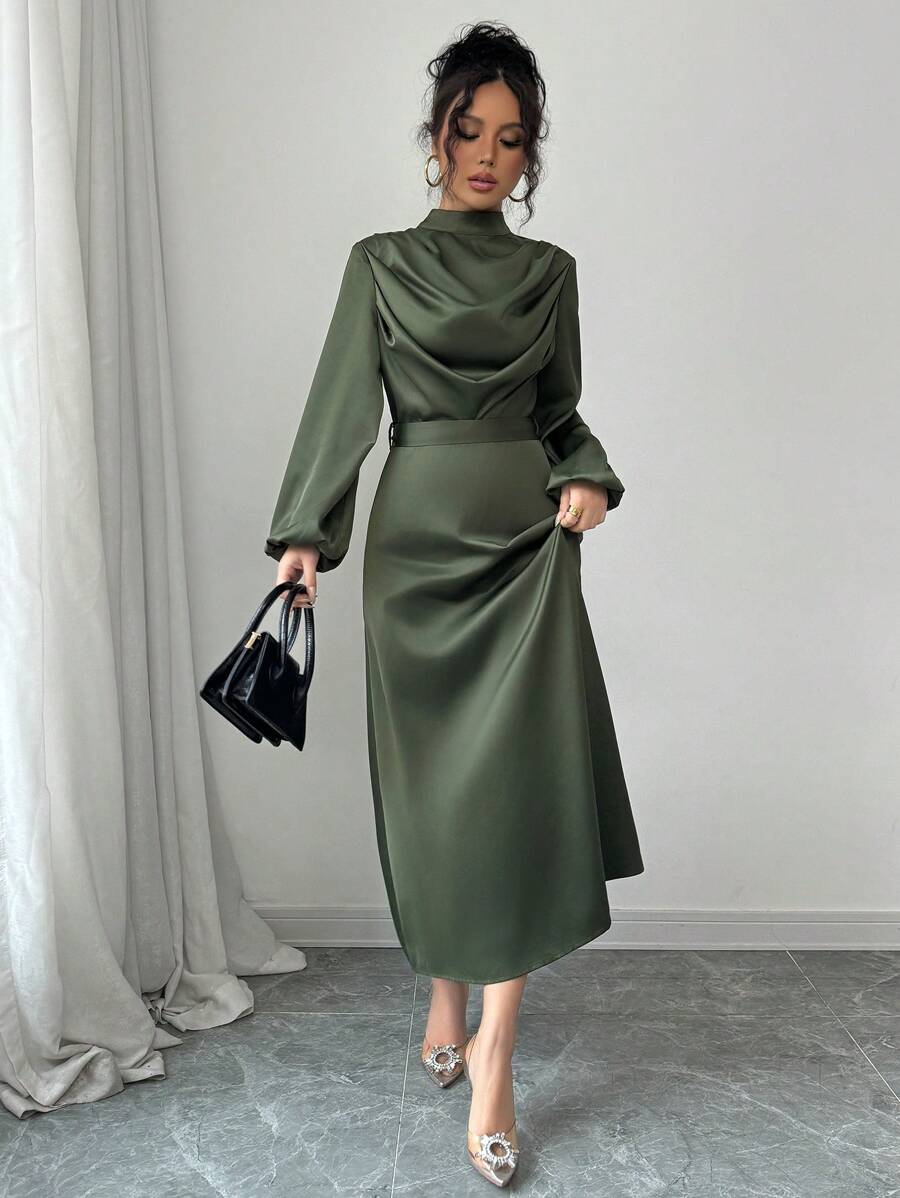 Elenzga Vestido de mujer elegante de satén brilloso con pliegues, cuello drapeado, manga larga y campana, para primavera y otoño