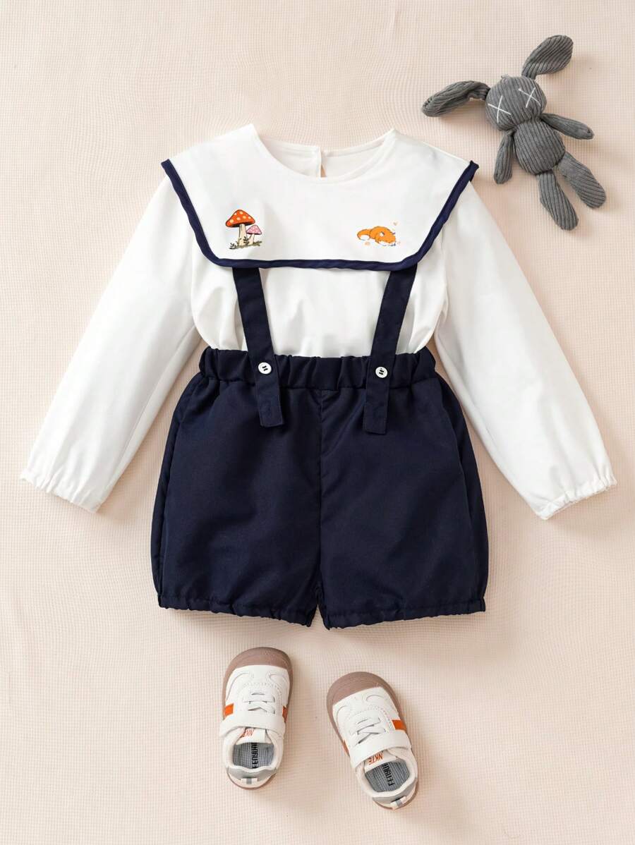 Souflis Souflis 2pcs Young Boy Stylish Long Sleeve Striped Cartoon Graphic Top And Bib Pants Set, Autumn/Winter