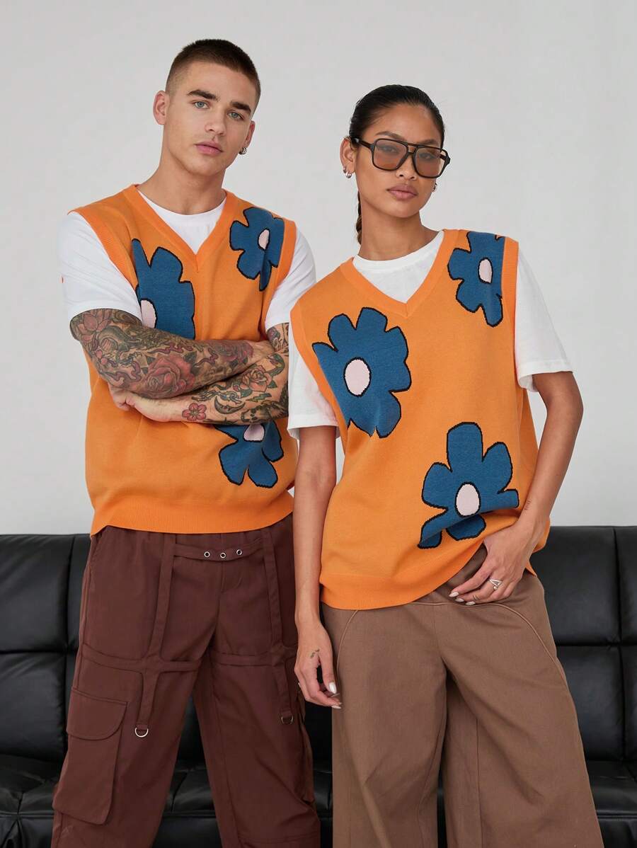 Manfinity Unisex Unisex kwiatowy wzór bezrękawnik z dekoltem w serek, dzianinowy, odpowiedni do noszenia na ulicy, jesień/zima