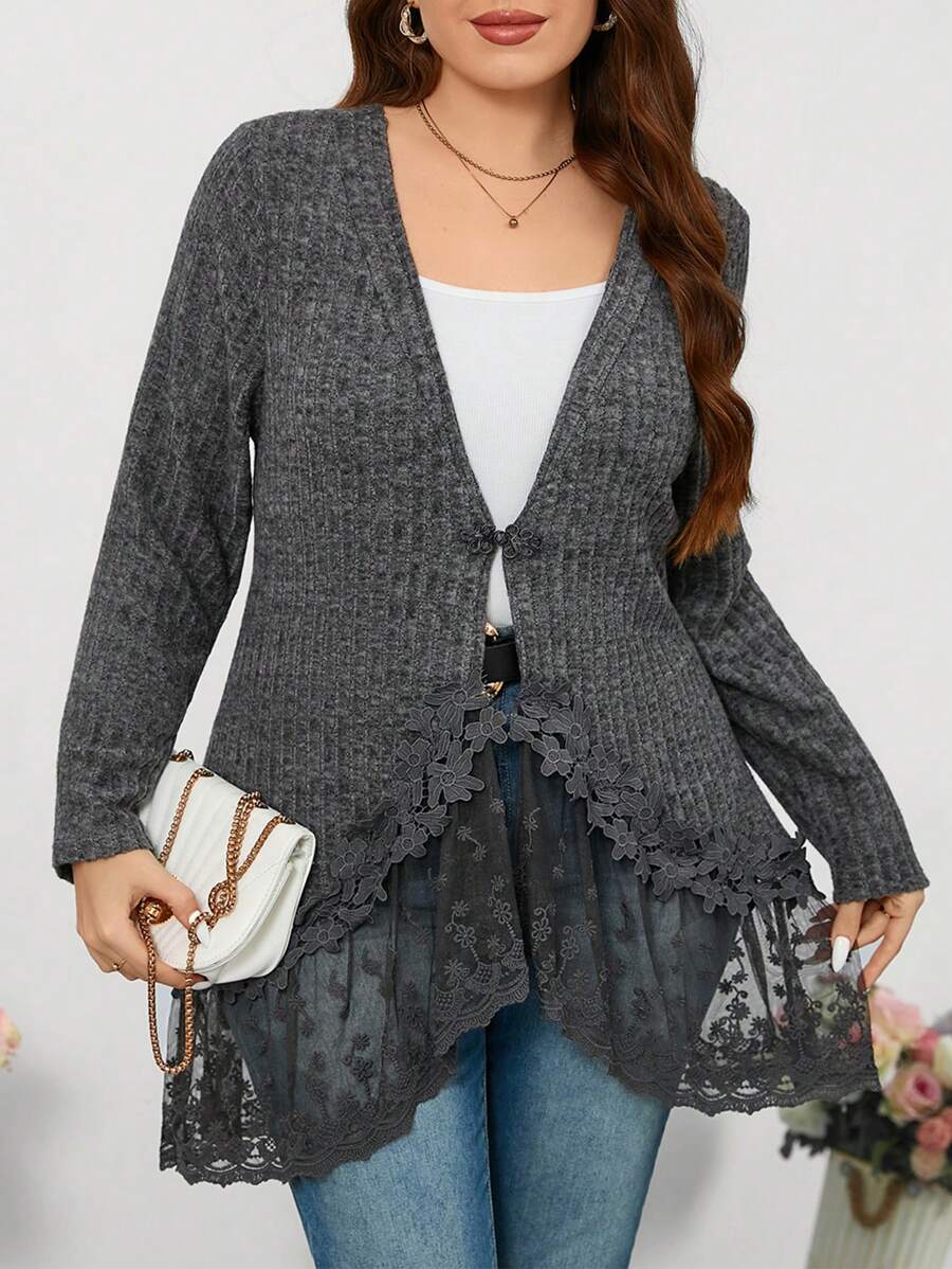 SHEIN Clasi Plus Size Women Front Button Long Sleeve Lace Trim Casual Blouse