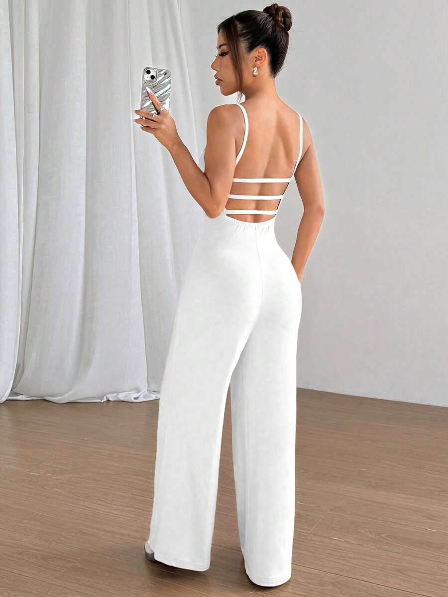 Flirla Women's Solid Color Spaghetti Strap Casual Loose Fitting Straight Leg Jumpsuit