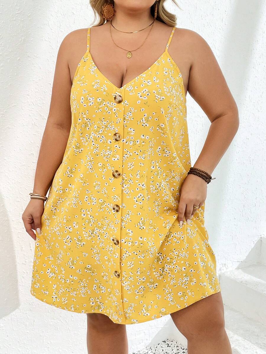 SHEIN CURVE+ Plus Size Women's Spring/Summer Yellow Ditsy Floral Spaghetti Strap Button Decor Casual Dress Boho Vacation,Beach Dress Sundress,Holiday Outfits