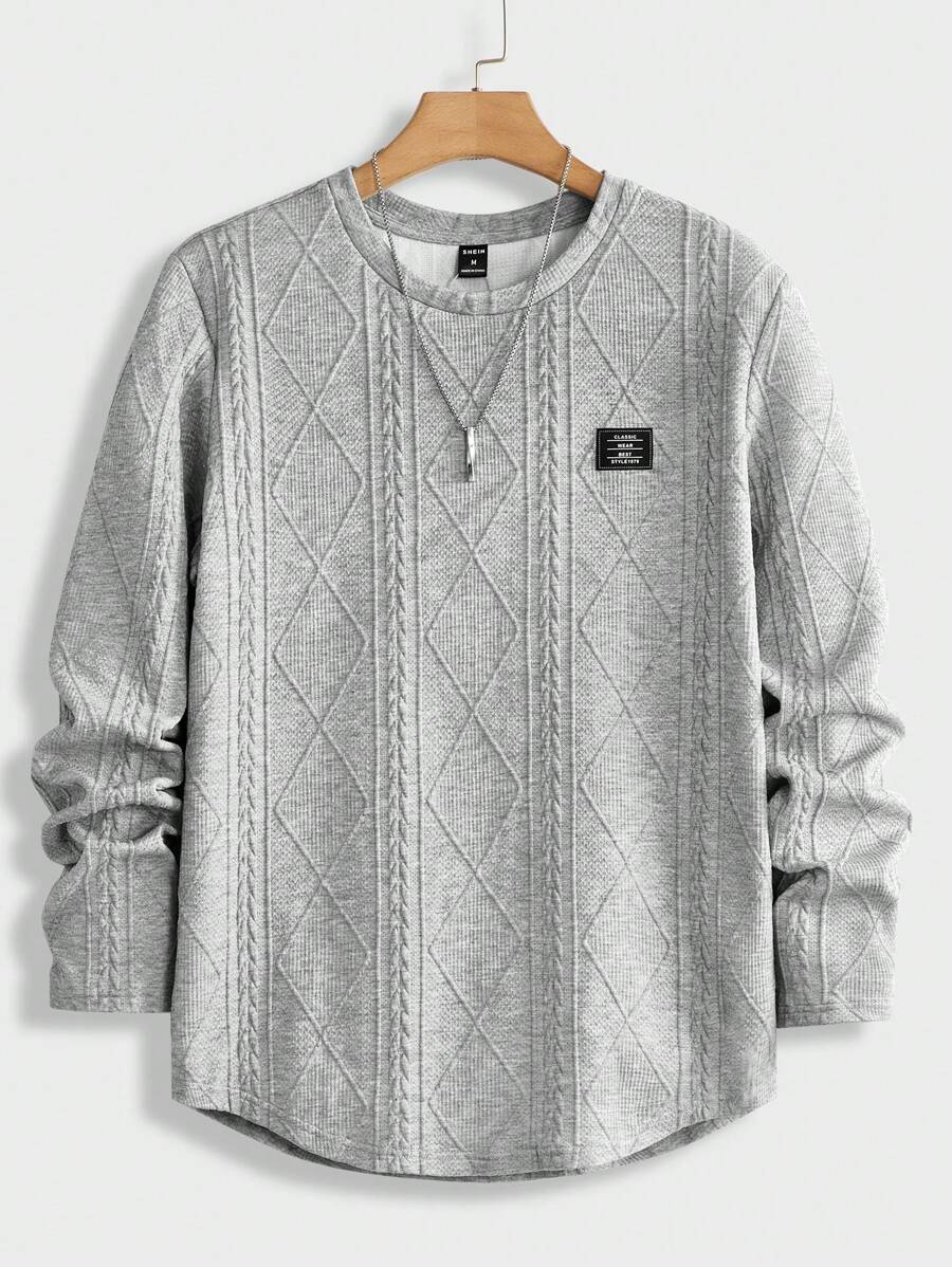 SHEIN Teen Boys' Casual Loose Fit Comfortable All-Match Style Woven Label Decoration Long Sleeve Crew Neck Top