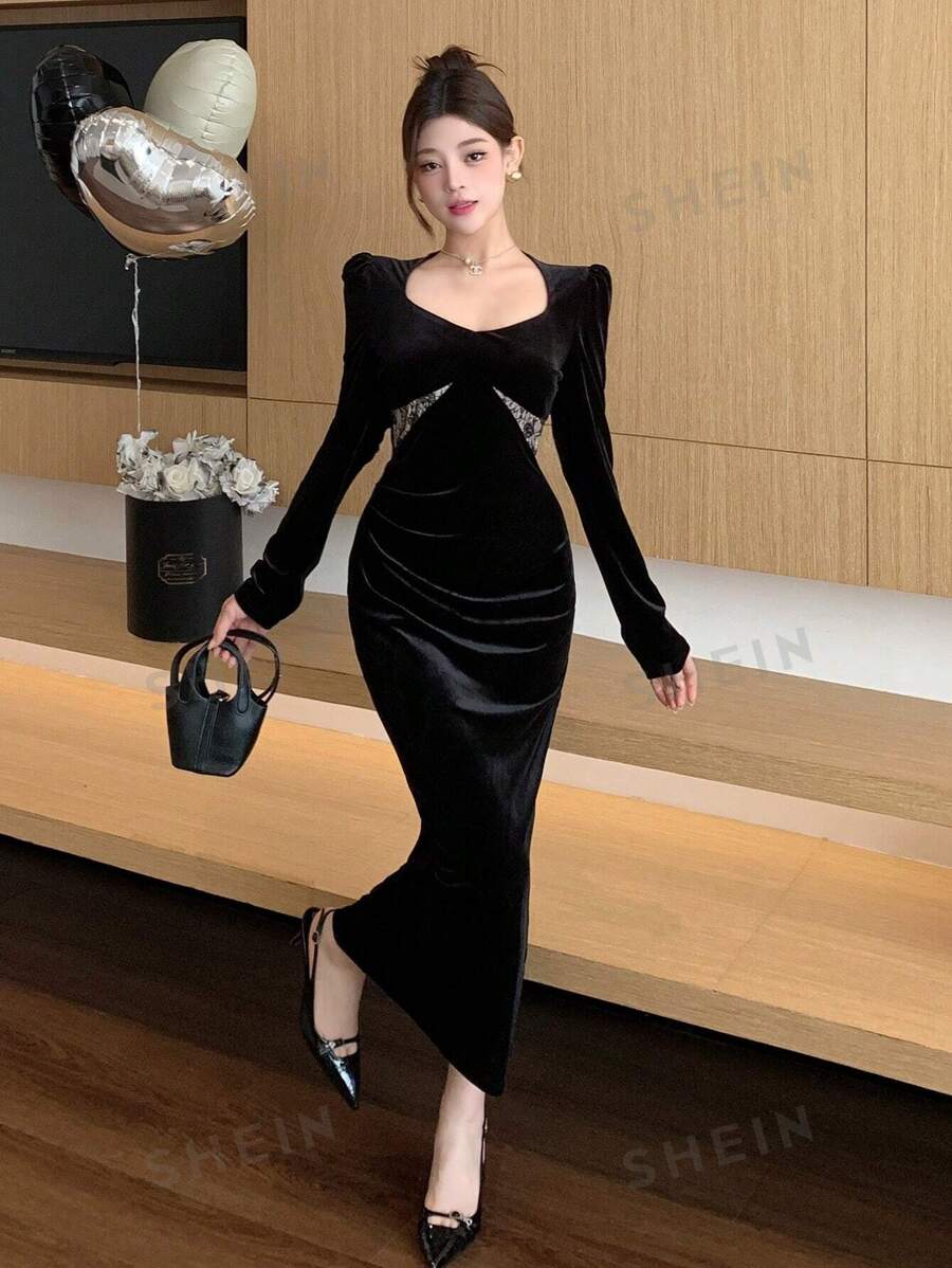 DAZY Vestido ajustado de manga larga con cuello con forma de corazón y bloque de color liso para mujer
