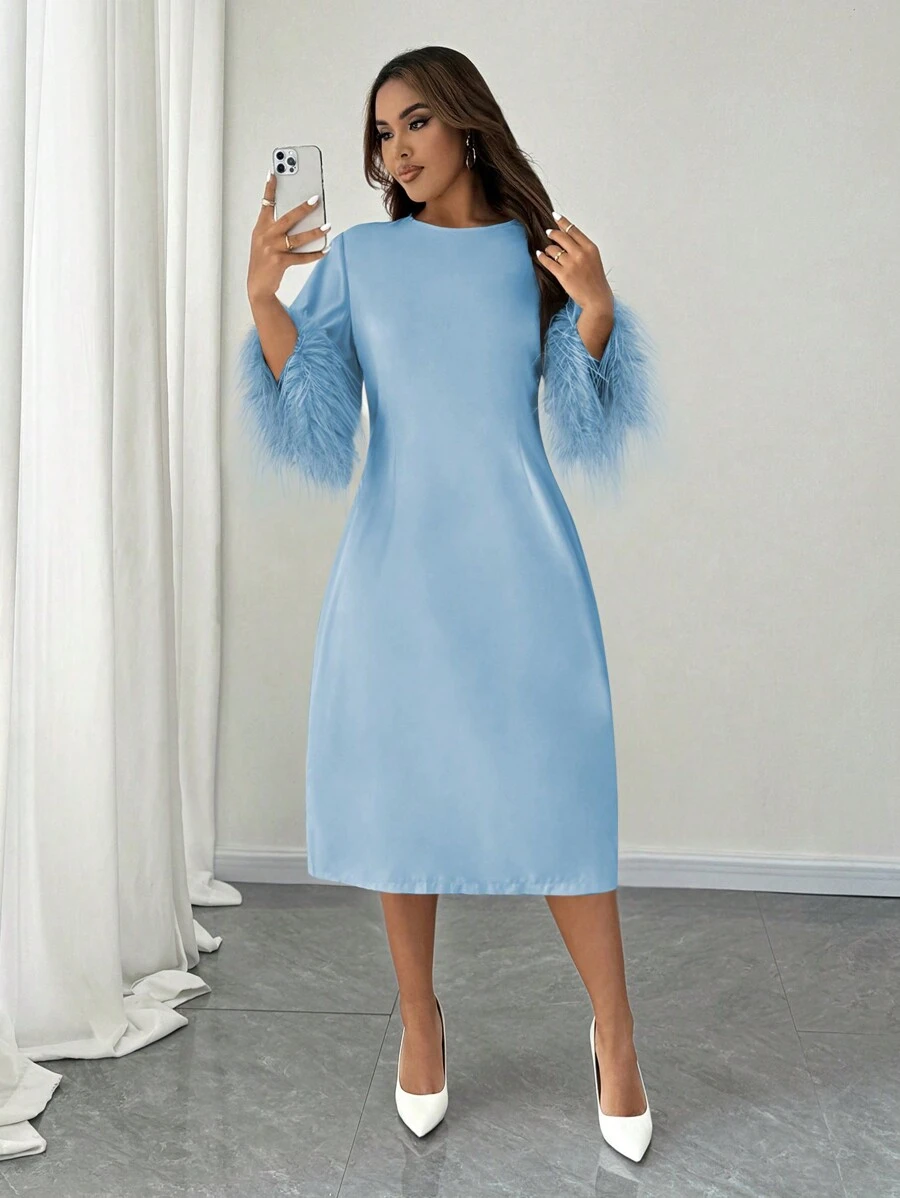 Celure Vestido de manga larga con aplicación de pelo sintético y mangas acampanadas, elegante y recto para mujer de talla grande