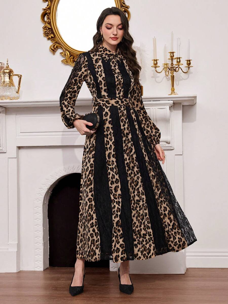 Modelyn Women's Elegant Leopard Print & Lace Patchwork Long Shirt Collar Dress, Spring/Summer