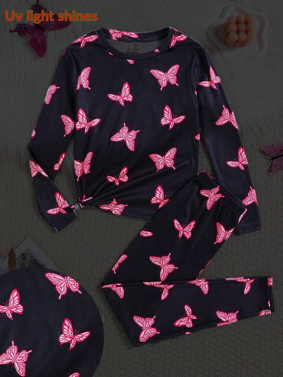 SHEIN Conjunto de pijama casual y cómodo para niña preadolescente de 2 piezas, con pantalón y camiseta de manga larga de ajuste ceñido, estampado minimalista de mariposa que brilla en la oscuridad y cuello redondo con hombros caídos
