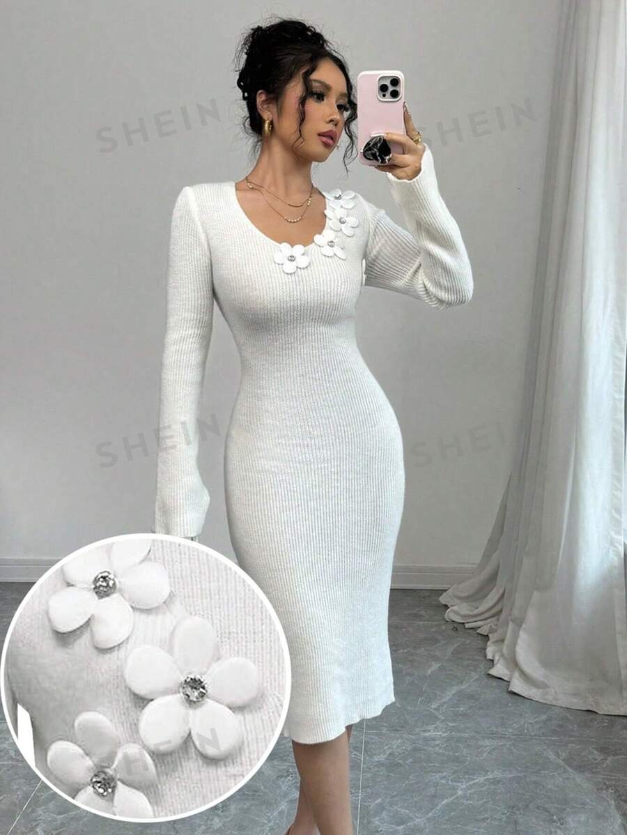 Calvaya Vestido de punto elegante con cuello en V, dobladillo floral y abertura lateral para mujer para el invierno
