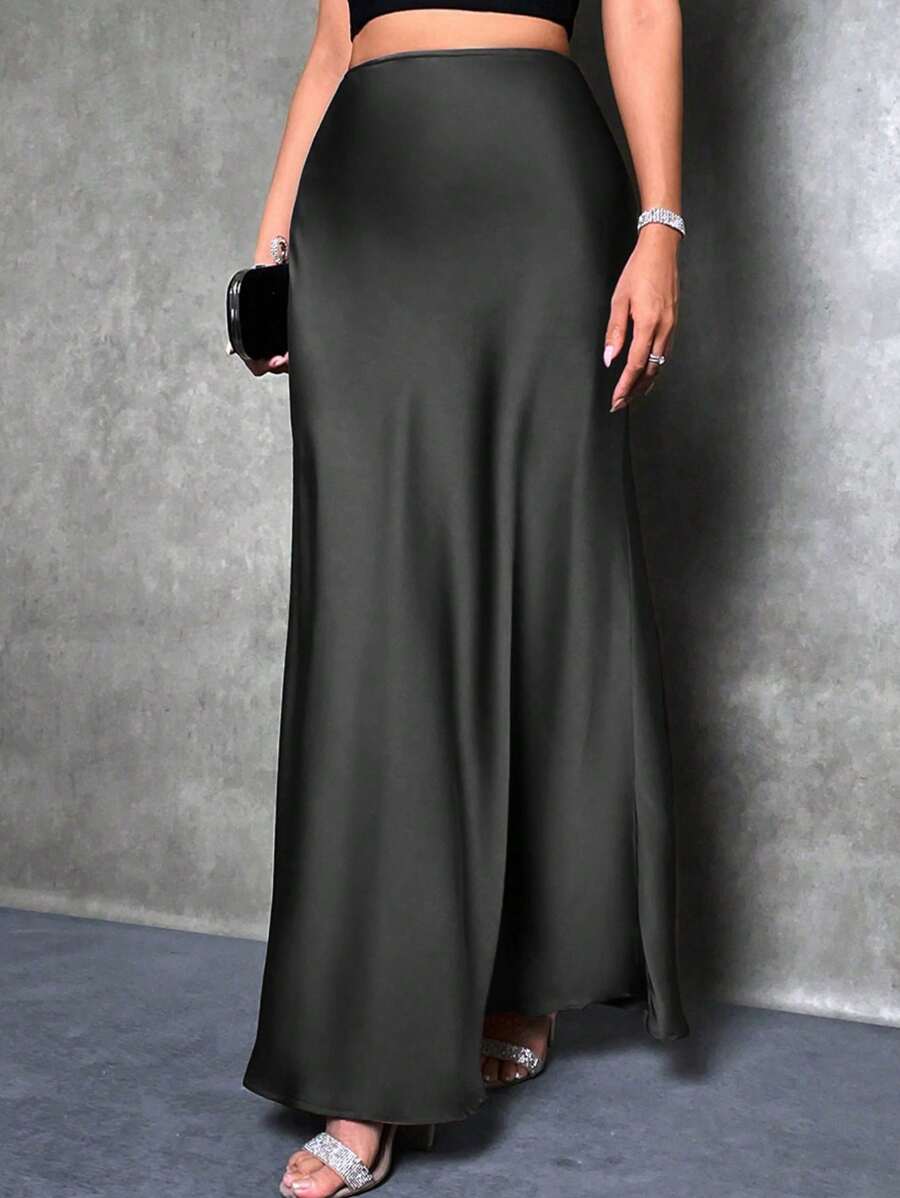 SHEIN Tall Women Black Satin A-Line Skirt Women Skirts Long, Elegant Skirt